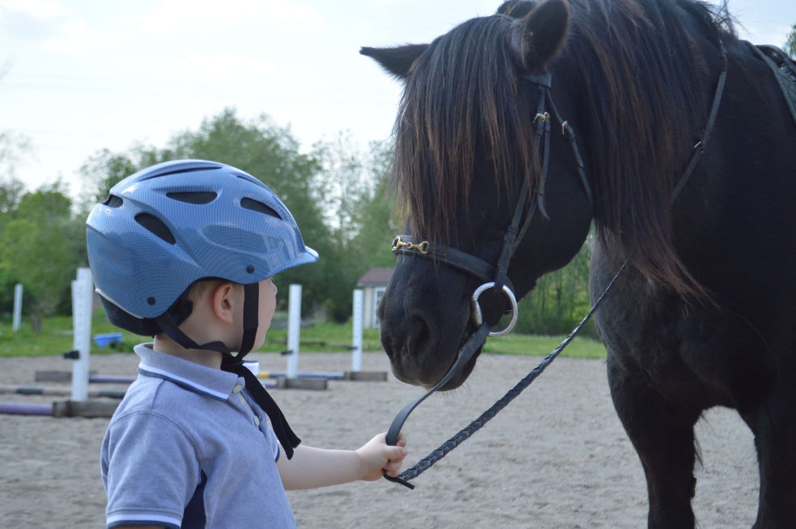 A young child in a riding helmet meeting a horse
